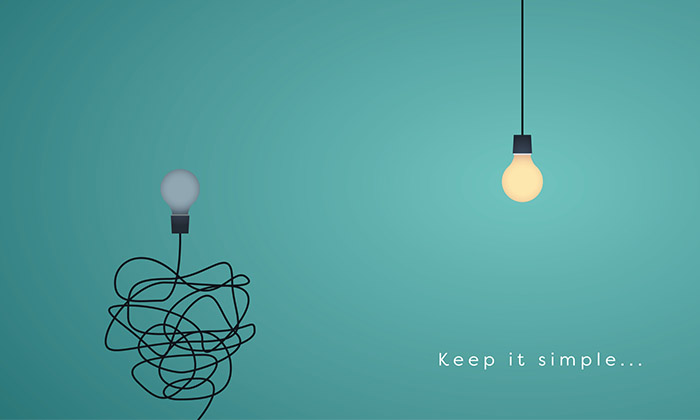 A bulb on the right side turned off and on the left side turned on with the phrase 'Keep it simple...'